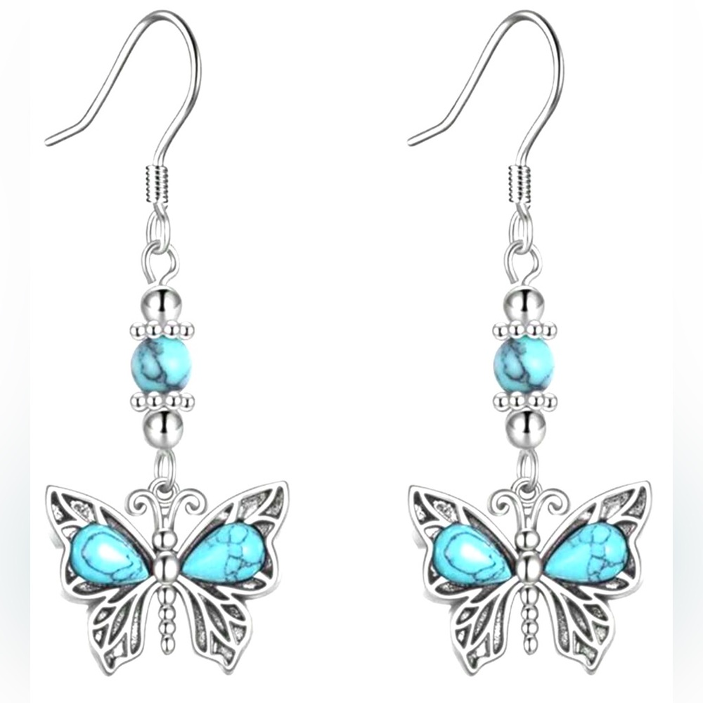 1 pair Bohemian turquoise inlaid butterfly earrings new.